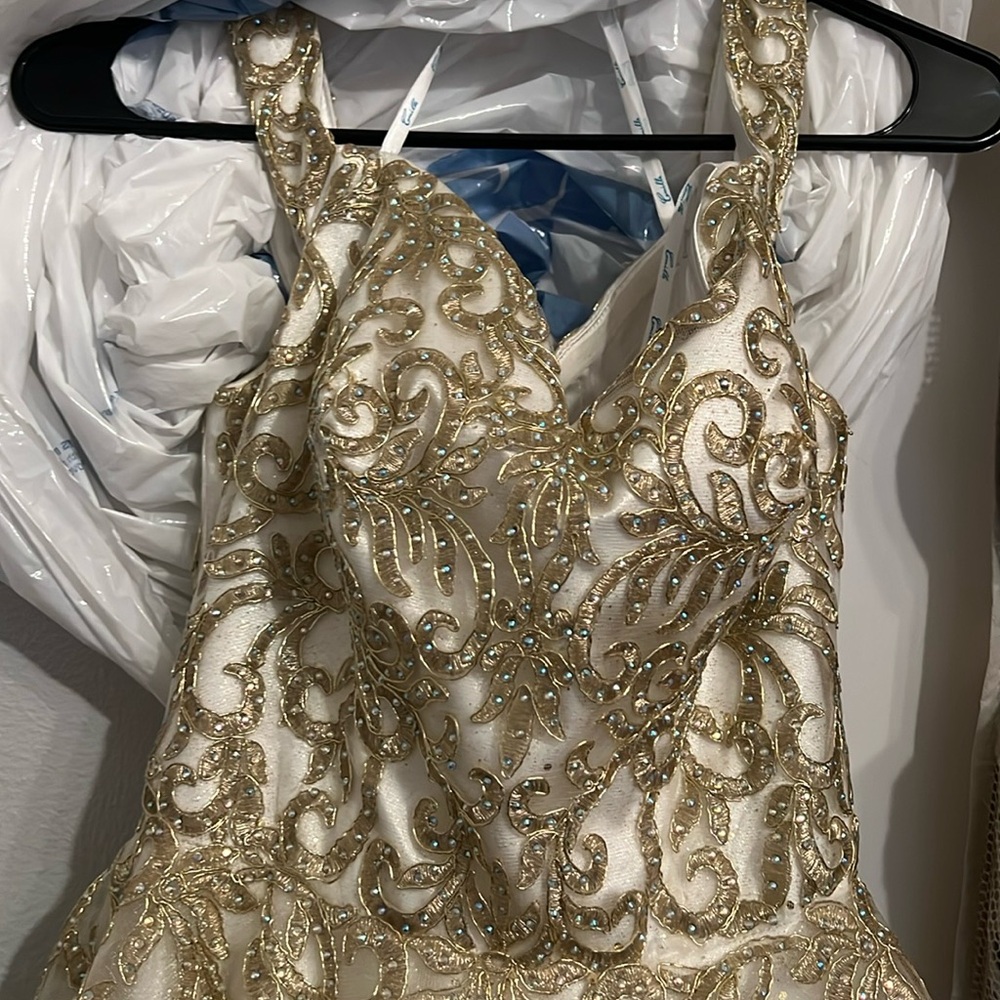 Gorgeous formal gown off white with gold lace and iridescent rhinestones.